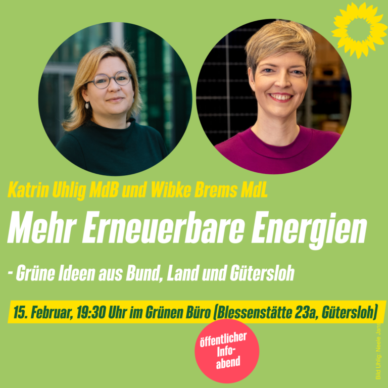 Öffentlicher Diskussionsabend: Mehr Erneuerbare Energien – Grüne Ideen aus Bund, Land und Gütersloh